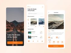 three mobile screens showing the different features of an app for travel, including photos and text
