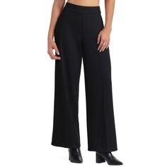 A Pull On Wide Leg Pant With Great Movement And Stretch. Model Height Is 5'10'' And She Is Wearing A Small Size Relaxed Fit Approx. Inseam - 31" True To Size Ponte, Polyester, Viscose, Span Machine Washable Imported Web Id: 13195338 Black Stretch Wide Leg Work Pants, Versatile Full-length Bottoms For Business Casual, Versatile Full Length Bottoms For Business Casual, Stretch High-waisted Pantsuit In Solid Color, Stretch High-waisted Solid Color Pantsuit, Solid Stretch High-waisted Pantsuit, Stretch Solid Color High-waisted Pantsuit, Workwear Bottoms With Elastic Waistband, Black Wide Leg Bottoms For Business Casual