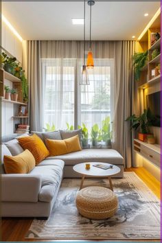 a living room filled with lots of furniture and plants on the wall above it's windows