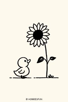 a black and white drawing of a sunflower next to a duck