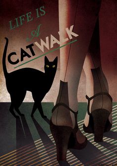 a black cat standing next to a pair of shoes with the words life is a cat walk on it