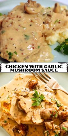 chicken with garlic mushroom sauce is on the plate