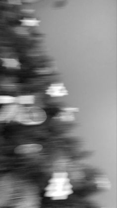 a black and white photo of a tree with blurry lights in the foreground