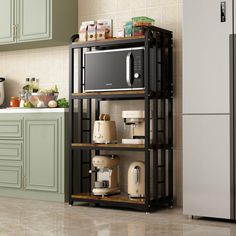 a microwave oven sitting on top of a shelf in a kitchen