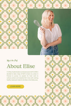 a woman holding a whisk in front of a green and white wallpaper