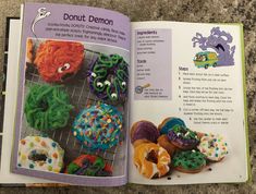 an open children's book about doughnuts decorated with icing and sprinkles