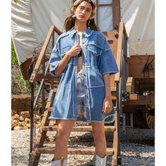 Denim Top With Short Sleeve, Frayed Edge Throughout The Garment, Oversized Fit, Chest Pocket, And Contrast Stripe Denim Fabric For Added Dimension. 100% Cotton