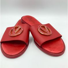 Valentino By Mario Valentino Red Leather Bugola Slide - Does Not Come With Original Box Or Dustbag - Sz 37 - Us Sz 7 - Slip On - Open Toe - Mule Back -Cushioned Insole -Leather Upper And Lining With Synthetic Sole -Made In Italy -100% Authentic - From Nordstom Stock -Will Ship In Plastic Shoe Box With Generic White Dustbags Designer Red Leather Sandals, Luxury Red Slip-on Sandals, Luxury Red Flat Sandals, Plastic Shoe Boxes, Valentino Logo, Valentino Sandals, Valentino Red, Plastic Shoes, Black Slides