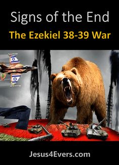 a bear is standing in front of tanks and fighter jets, with the caption signs of the end