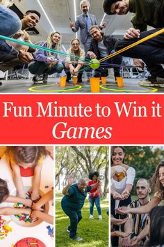 a collage of photos with the words fun minute to win it games