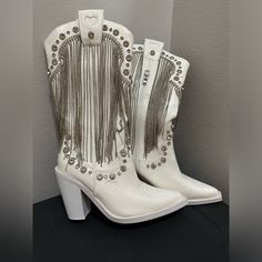 These Boots Are Very Sought After!!! These Boots Have Cool Fringe!!!! The Inside Zips Up And Has A Little Heart Zipper Pull. Sugar Thrillz White High Heel Mid-calf Trendy Boots, White High Heel Mid-calf Boots For Party, White Western Heeled Boots For Fall, White High Heel Mid-calf Boots, White Mid-calf Boots For Party In Fall, Trendy White Knee-high Heeled Boots, Trendy White Mid-calf Boots For Party, White High Heel Mid-calf Boots With Reinforced Heel, White Mid-calf High Heel Boots With Reinforced Heel