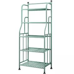 a metal shelf with three shelves on each side and two wheels attached to the bottom