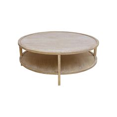 a round coffee table with two shelves on each side