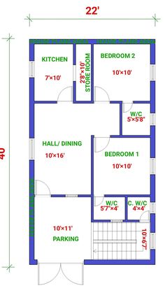 a blueprinted floor plan for a two bedroom house with an attached kitchen and living room