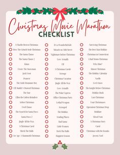 the christmas movie marathon checklist is shown in red and green with holly wreaths