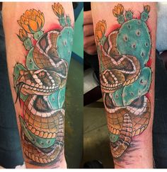 two tattoos on the arms of people with flowers and an image of a rattler