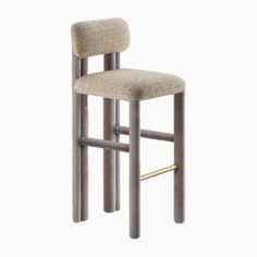 the stool is made out of wood and has a beige fabric upholstered seat