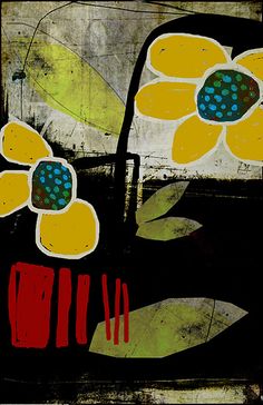 an abstract painting with yellow flowers and green leaves