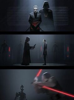 the scene in star wars is shown with two people facing each other and one person holding a light saber