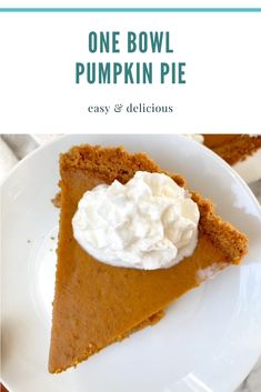 a slice of pumpkin pie with whipped cream on top and the words, one bowl pumpkin pie