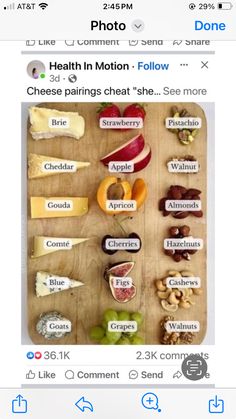 an iphone photo with the caption'health in motion follow cheese pairings '