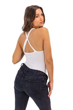 Our High-Neck White Corset Tank Bodysuit is designed for those who want to make a bold statement while staying chic. This stunning piece features a flattering white corset design that hugs your curves, giving you a sculpted silhouette perfect for casual outings or parties. Its sleek tank bodysuit fit is comfortable and versatile, making it easy to pair with your favorite bottoms for a stylish yet effortless look. Made from high-quality fabric, this white corset bodysuit offers a snug yet breatha White Elastane Tank Top With Built-in Bra, White High Stretch Shapewear, Fitted Cross Back Bodysuit, High Stretch Bodysuit With Built-in Bra For Spring, Solid Fitted Cross Back Bodysuit, Fitted White Bodysuit With Built-in Bra, Fitted Solid Color Cross Back Bodysuit, Fitted Solid Color Cross-back Bodysuit, White Tank Top With Built-in Bra