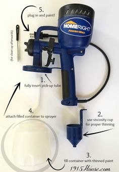 a blue paint sprayer with instructions on how to use it and the parts labeled below