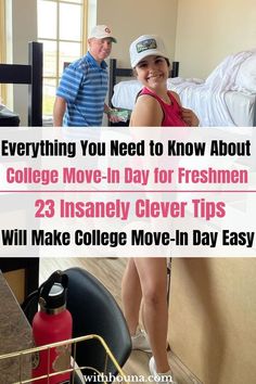 two people standing next to each other in front of a bed with the words, everything you need to know about college move - in day for freshen