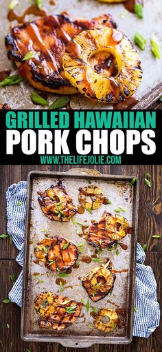 grilled hawaiian pork chops on a baking sheet with pineapple slices and green onions