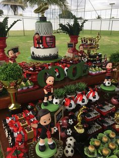 a table filled with lots of decorations and figurines