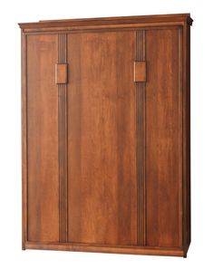 a wooden armoire with two doors on the front and one door open to reveal a closet