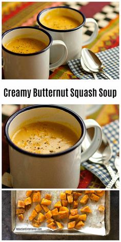 creamy butternut squash soup in two white mugs