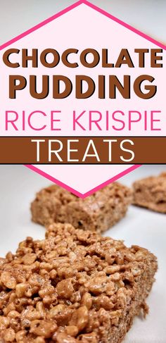 chocolate pudding rice krispie treats on a plate with text overlay that reads, chocolate pudding rice krispies treats