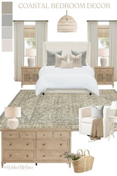 a bedroom is shown with neutrals and whites in the color scheme, including white bedding