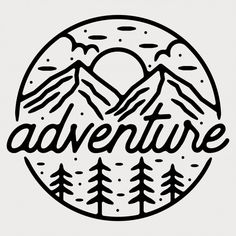 the word adventure written in a circle with mountains and pine trees around it, on a white background