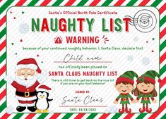 a christmas certificate with santa clause and elves