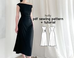 a woman in a black dress standing next to a white curtain with the words holly sewing pattern