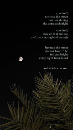 a palm tree with the moon in the background and a poem written on it's side