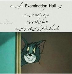 an image of a cartoon cat with the caption'examination hall'in english and arabic