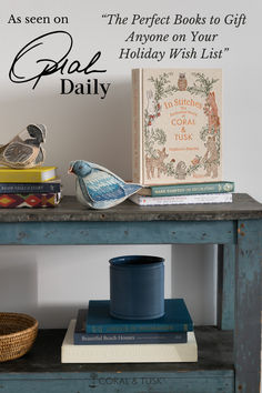 A styled shelfie photo of our embroidered book, In Stitches: The Enchanted World of Coral & Tusk with the text "as seen on Oprah Daily" overlaid Books To Gift, Kara Walker, James Baldwin, Best Company, John Derian, Holiday Books, Holiday Wishes, Wish List, Good Company