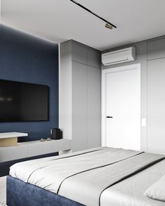 a bedroom with blue walls and white bedding, television mounted on the wall above it