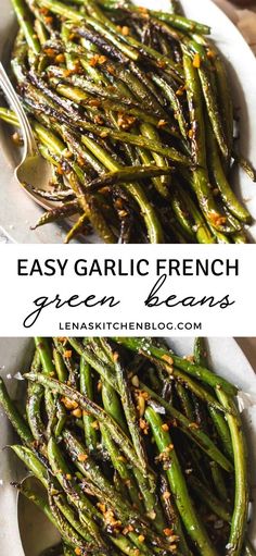 green beans with garlic and seasoning in a white bowl