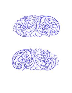 two blue and white ornamental designs with swirls on the sides, one is drawn in pencil