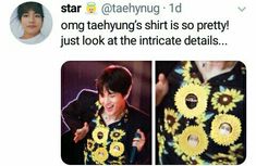 an image of a person with sunflowers on their shirt and the caption that says, star @ taehyung _ 1d