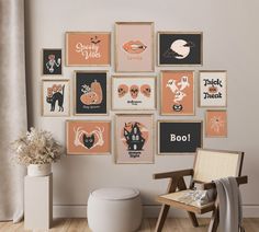 there are many different pictures on the wall in this room with a chair and stool