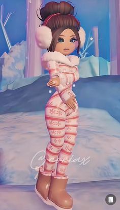 an animated image of a woman in pink and white pajamas standing on snow covered ground