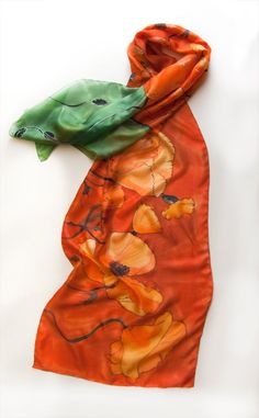 Hand Painted Poppies scarf. Silk scarf painted in tangerine. Bright summer scarf/ Large floral scarf in orange/ Hand painted silk. SIlk scarves handpainted. Luxury shawl scarf painted/ Vivid colored scarf. I painted this scarf with care for detail using my floral sketches SS18K measurements is 17 by 71 inches this is 45 by 180 cm painted on pure silk ponge 6 The hand painted scarf will be a unique gift for Mothers Day. MADE TO ORDER LISTING I never use stencils or guides.All my scarves are one o Orange Silk Scarf For Summer Gift, Elegant Orange Silk Scarf For Gift, Elegant Orange Silk Scarf As Gift, Elegant Orange Silk Scarf, Silk Orange Scarves As Gift, Silk Orange Scarves As A Gift, Orange Silk Scarves As Gift, Orange Silk Scarves As A Gift, Luxury Shawl