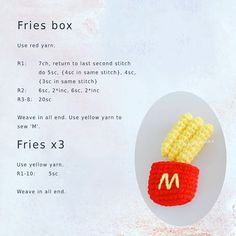 a crocheted mcdonald's fries box sits on a plate next to the instructions for how to make it