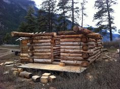 a log cabin made out of logs in the woods