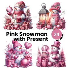 the pink snowman with present is shown in four different poses, including two presents and one